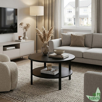 Table basse à 2 niveaux, plateau rond naturel, double rangement, finition noire minimaliste, table d'appoint pour salon