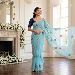 Sari de Rayón Azul Claro con Bordado Floral y Borde Plateado, Traje Tradicional de Boda para Mujer, Estilo India-Pakistán, Largo hasta el Suelo - Product Image 1
