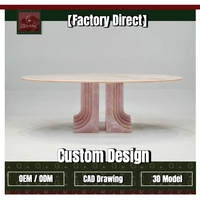Table à manger ovale en marbre rose doux GOLDKING haut de gamme pour suite d'hôtel, utilisation en showroom, avec piédestal double sculpté en marbre, OEM ODM