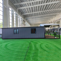 Maisonnette préfabriquée moderne en acier avec porche à pignon, portes vitrées, terrasse en bois, guirlandes lumineuses, maison de vacances pour jardin