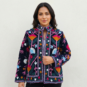 Veste en velours tissé imprimé floral pour femme, col rond, manches longues, style ethnique artisanal, respirante, pour l'hiver et l'automne, idéale comme cadeau. - Product Image 1