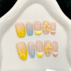 Faux ongles en acrylique à presser faits main, <span class=keywords><strong>pastel</strong></span> frais, ombré jaune <span class=keywords><strong>bleu</strong></span> <span class=keywords><strong>rose</strong></span>, finition French Manucure <span class=keywords><strong>et</strong></span> décor floral stéréoscopique - Product Image 3