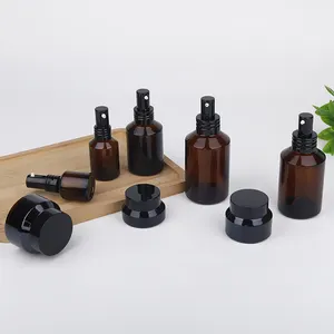Skin Care Glass Container Series 60ml 30ml 15ml Brown Amber Glass Slant Shoulder Serum Spray Bottle 50g 30g Black Cream Jars