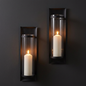Ensemble de porte-bougies muraux minimalistes 2 pièces en verre cylindrique noir rectangulaire Décoration d'intérieur Salon - Product Image 2