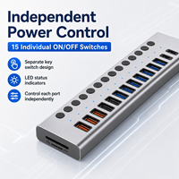 Hub USB 3.0 en aluminium 17 en 1, multi-ports, avec interrupteurs individuels, adaptateur d'alimentation 12V pour ordinateur portable PC