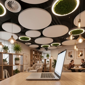 Paneles Acústicos Circulares de Fibra de Vidrio Suspendidos en <span class=keywords><strong>Color</strong></span> Personalizado, Decorativos para Librerías Creativas, Cafeterías y Tiendas - Product Image 1