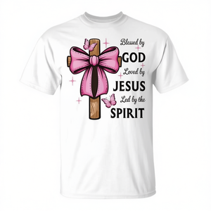 Camiseta con lazo rosa y cruz Blessed By God Loved By Jesus, camiseta de fe cristiana para mujer - Product Image 2