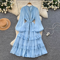 Robe longue élégante à col en V, à manches lanternes, à volants superposés, avec patchwork de dentelle et de strass pour femmes, printemps