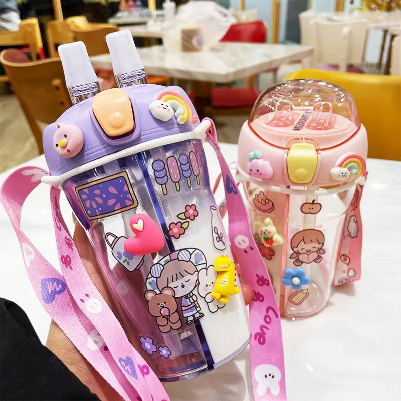 Seaygift 2023 Hot Sale Double Drink Cup Children'S Cute Cartoon Straw Cup Kids Plastic Drink Water Bottle For School