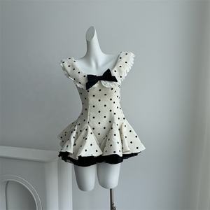 Dolce fiocco con maniche a balze Kawaii stile principessa <span class=keywords><strong>abito</strong></span> da festa a <span class=keywords><strong>pois</strong></span> <span class=keywords><strong>Mini</strong></span> <span class=keywords><strong>abito</strong></span> gonfio con colletto Peter Pan - Product Image 4