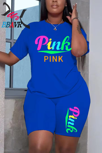 Hot <b>Plus</b> <b>Size</b> 4xl 5xl Women Summer Clothing Outfit Casual Letter pink Print Brand Two Piece Short Set for Women - Product Image 3