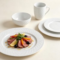 Service de Table en Porcelaine Blanche Luxe Moderne Écologique avec Motif Losanges Gaufrés, Bord Perlé, Assiettes, Bols et Tasses Personnalisables – Vente en Gros