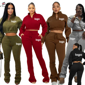 Set Invernale da <span class=keywords><strong>Donna</strong></span> 2 Pezzi Personalizzabile con Logo: Felpa Crop Top con Mezza Zip e Pantaloni a Pieghe - Product Image 1