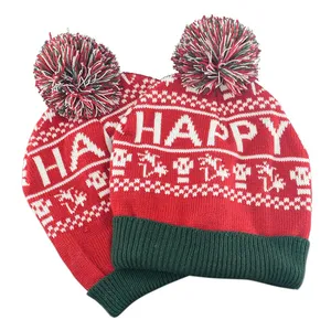 Manufacturer Christmas Pattern Knitted Hat Female Acrylic Woolen Cap With Wool Ball