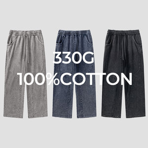 Pantalones deportivos rectos lavados retro informales para hombre, pantalones de pierna ancha de cintura media de algodón 100% con cordón Vintage - Product Image 4