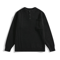Vintage Henley Yaka Örgü Kazak Erkekler için Gevşek Kesim Göğüs Cebi Rahat Sonbahar Retro Günlük Kol