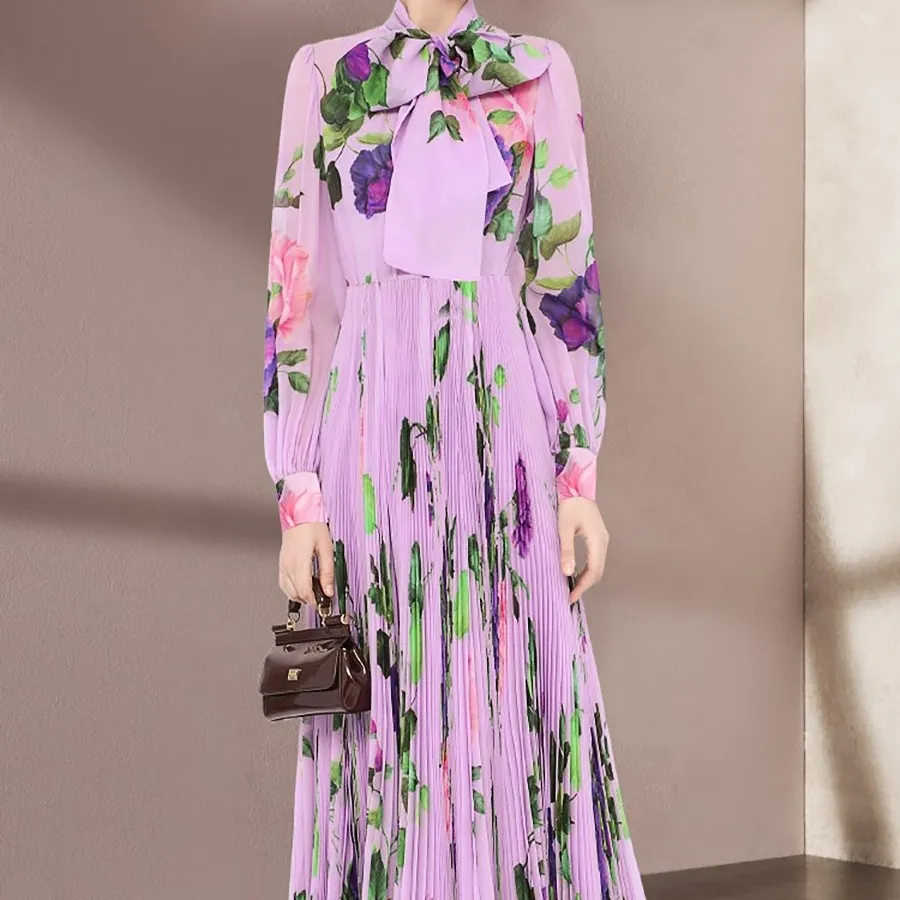 Gentle feeling purple floral special-interest design long ankle pleated skirt slimming elegant girls dress
