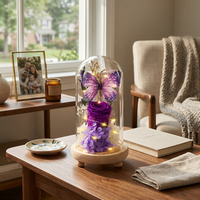 Rose éternelle violette en cloche de verre avec lumière LED, boîte cadeau de fleurs préservées faites à la main pour la fête des mères et Noël