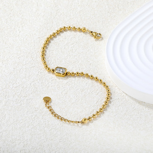 Fine <b>Beaded</b> <b>Necklace</b> Gold Ball Chain Rectangular Zircon Pendant Women's Everyday Wear Jewelry - Product Image 2