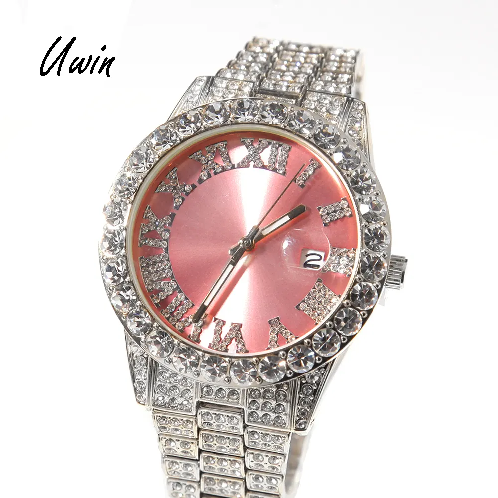 2021 Iced Out Baby Pink Women Watches Bling Watch with Purple Dial Bling Bling Hip Hop Watches