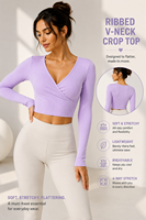 Haut court côtelé pour femme, à manches longues, col en V, coupe ajustée, extensible, décontracté, pour sortir