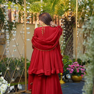 Red Embroidered Silk <b>Shawl</b> with Mirror Work Traditional Indian & Pakistani Women's Wear Breathable Daily Wear - Product Image 3