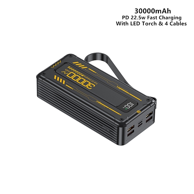 Large Capacity 30000mAh Power Bank PD 22.5W Fast Charge Built-in 4 Cables Torch Lanyard