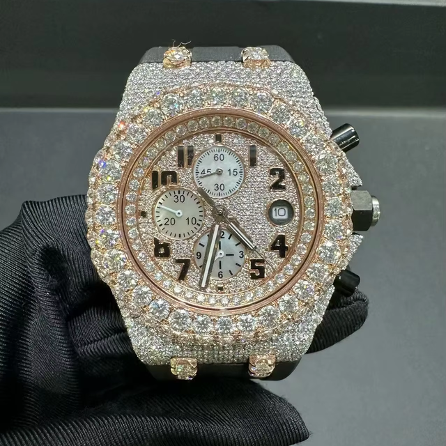 Stylish Classic Elegant Luxury Mechanical Moissanite Diamond Glass Mixed Watch 20mm Crafted Sparkling Iced Stainless Steel 10mm