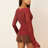 Haut en tricot décontracté pour femme, personnalisé par le fabricant, avec col bateau sexy, ajouré, manches évasées et ourlet à volants, idéal pour l'été