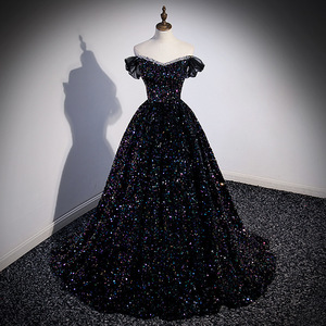 Abito da sera monospalla nero con paillettes e glitter, stile francese, per performance di bel <span class=keywords><strong>canto</strong></span> o matrimoni - Product Image 1