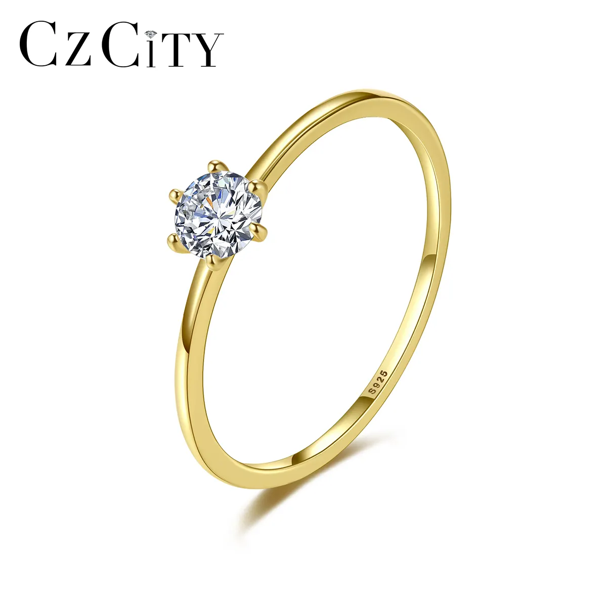 CZCITY חריטה מעוקב Zirconia Shinning כמו יהלום אמיתי טבעת נשים קלאסי אחת CZ ראשי אבן טבעות זהב מצופה