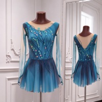 Robe de patinage artistique sur mesure, dégradé de bleu sarcelle, manches longues en maille, strass, costume de compétition de patinage sur glace pour filles et femmes