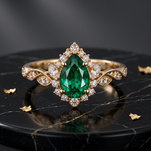 Anillo de Compromiso de Plata de Ley 925 con Baño de Rodio, Diseño Floral de Hojas y Halo, con Esmeralda Creada en Laboratorio con Corte de Pera, Joyería Personalizada - Product Image 3