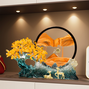 Ornement Arbre à Argent avec Peinture à Sable Flottant et Cerf Doré en Cristal pour Salon, Bureau, Cadeau de Pendaison de Crémaillère - Product Image 1