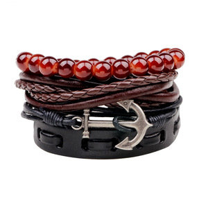 Qinuo Navy Style Cowhide Multi Strap Bracelet Anchor <b>Beaded</b> Jewelry <b>Set</b> For Men - Product Image 5