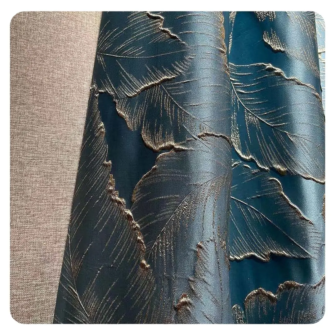 Luxury Curtain Fabric Jacquard Drapes Embroidered Gold Palm Leaf 3D Grey Blue Blackout Curtains for Living Room