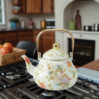 Bouilloire en émail blanc classique de 1,5 L, théière au design moderne en métal avec décalcomanie d'oiseaux et de fleurs, bouilloire à thé en forme de poire pour cuisinière