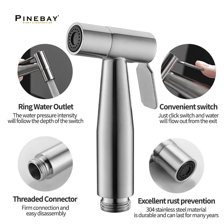 PINEBAY Brushed Nickel 304 Stainless Steel Bidet Set Handheld Toilet Bidets Faucet   Sprayer Horizontal Bathroom Spray Type