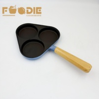 Poêle à œufs en fonte émaillée rouge 3 tasses avec poignée en bois, poêle à petit-déjeuner pour œufs, steaks et hamburgers