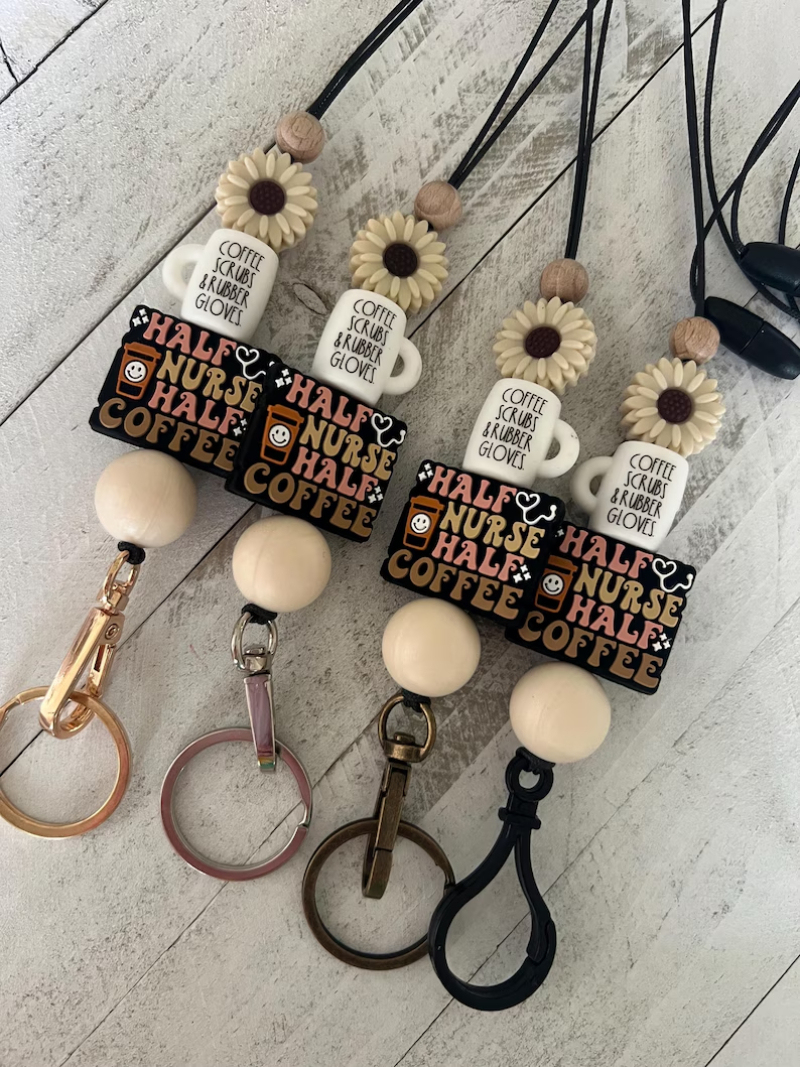 Personalized Monogram Keychain with Blank Wood Disc Color Silicone Beaded Teacher ID Necklace Lanyard Keychain Image 5