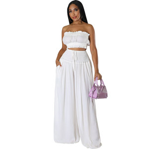 <span class=keywords><strong>Ensemble</strong></span> d'été plissé <span class=keywords><strong>ample</strong></span> pour femme, vente en gros, couleur unie, débardeur bustier et camisole sans manches avec dentelle ajustable - Product Image 6