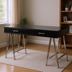 Scrivania Nera Lucida con 2 Cassetti e Gambe Cromate, Moderna Postazione Computer per Ufficio Domestico - Product Image 2