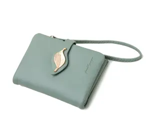 PRETTYZYS กระเป๋าสตางค์ของผู้หญิง,กระเป๋าเงินของผู้หญิงขนาดเล็กลวดลายใบไม้ตกแต่งด้วยสายรัดข้อมือสีพื้น