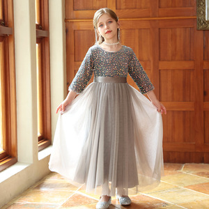 Robe <span class=keywords><strong>de</strong></span> soirée haut <span class=keywords><strong>de</strong></span> gamme personnalisée pour filles, grise, en tulle à sequins, longue, style princesse, pour spectacle, défilé ou récital <span class=keywords><strong>de</strong></span> piano - Product Image 2
