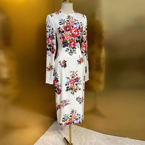 Abito Bodycon XXL da Festa, Moda Primavera 2026, <span class=keywords><strong>Vestito</strong></span> Elegante Bianco a Maniche Lunghe con Stampa Floreale Colorata, Lussuoso per Signora - Product Image 1