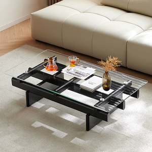 Table basse en bois moderne haut de gamme, durable et écologique, avec plateau en verre rectangulaire noir, pour salon, hôtel, meubles de salon - Product Image 4