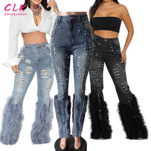 Groothandel Broek Hoge Taille Dames Jeans Casual Uitlopende Gescheurde Denim Straat Faux Wol Gescheurde Stretch Jeans Met Kralen Nagels - Product Image 1