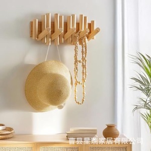 Perchero de pared de madera de color natural, organizador multifuncional para entrada con ganchos - Product Image 4