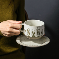 Ensemble tasse à café et soucoupe en céramique florale vintage, vaisselle rétro en grès peinte à la main, tasse à thé pour la maison, le bureau, le café, usage quotidien, cadeau