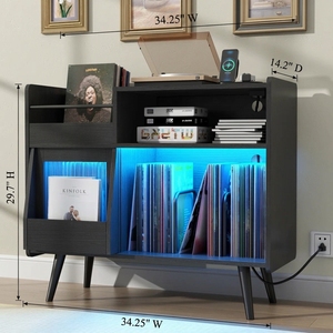 Sliding Door LED Lit <b>Record</b> Player <b>Stand</b> Vintage Wood Grain Vinyl Storage Cabinet 10W USB Charging Music Room Console - Product Image 4